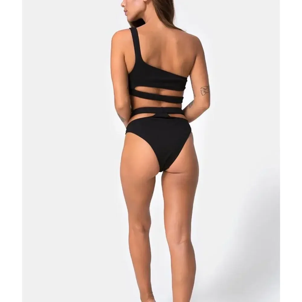 $75 NWT Motel Drelins Bikini Top & bottoms In Black Rib sz XS